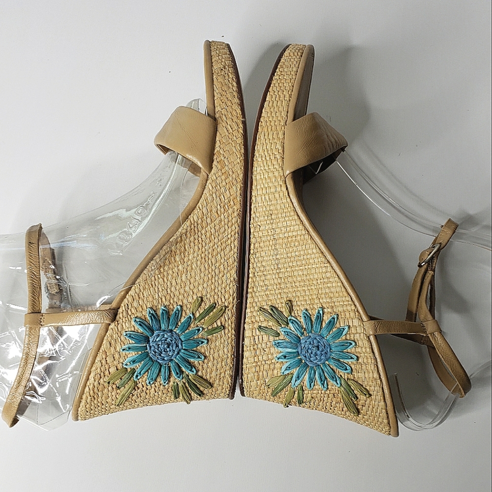 Ann Taylor Wedge Strappy Floral Leather Straw Ankle Travel Cottagecore Sandal 10